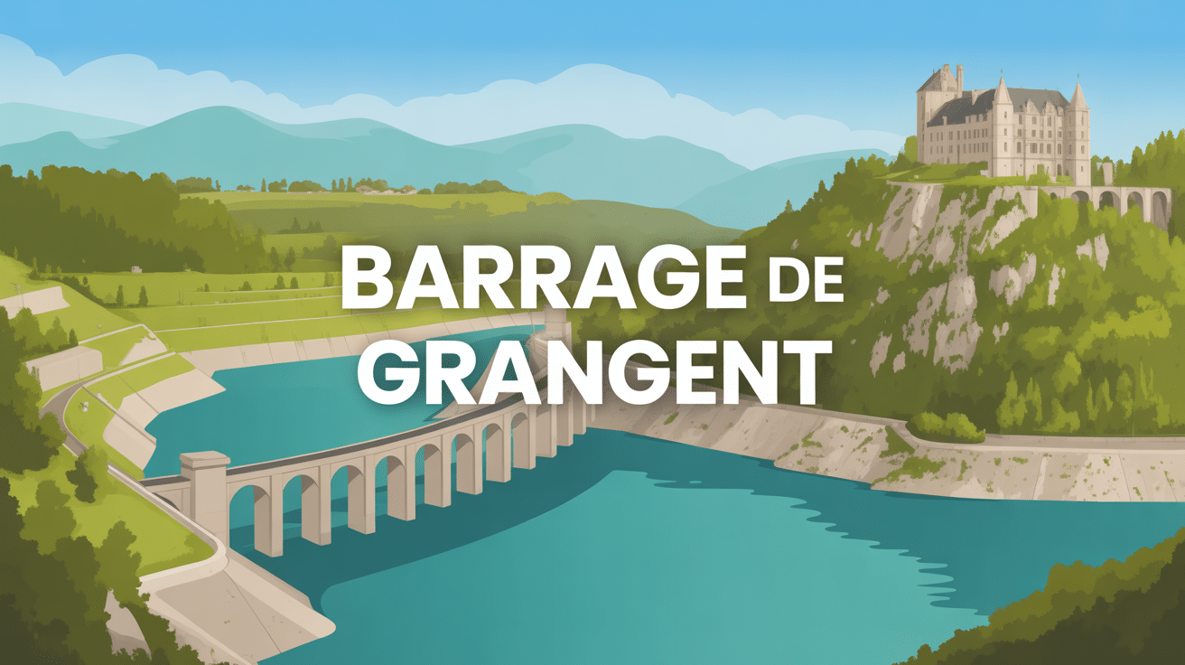 vue panoramique barrage de grangent avec lac château
