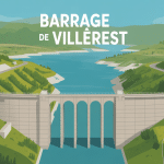 Vue aérienne stylisée du barrage de Villerest et son lac