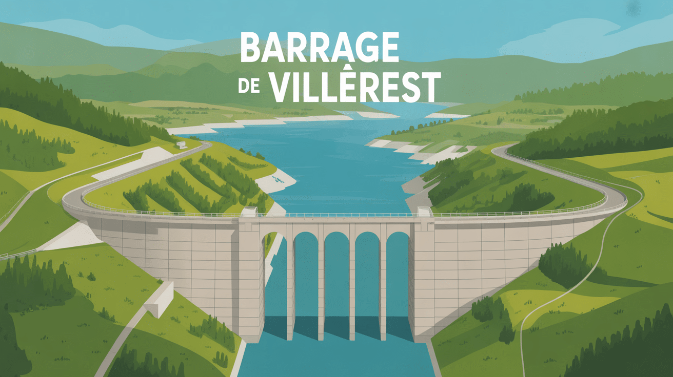 Vue aérienne stylisée du barrage de Villerest et son lac