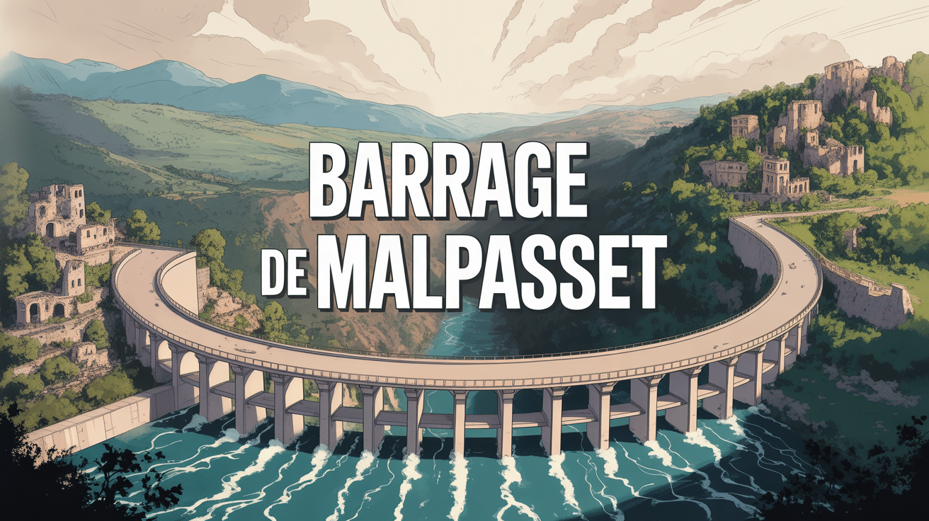 Vue aérienne du barrage Malpasset en ruines