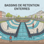 Schéma coupe bassin de rétention enterré sous zone urbaine