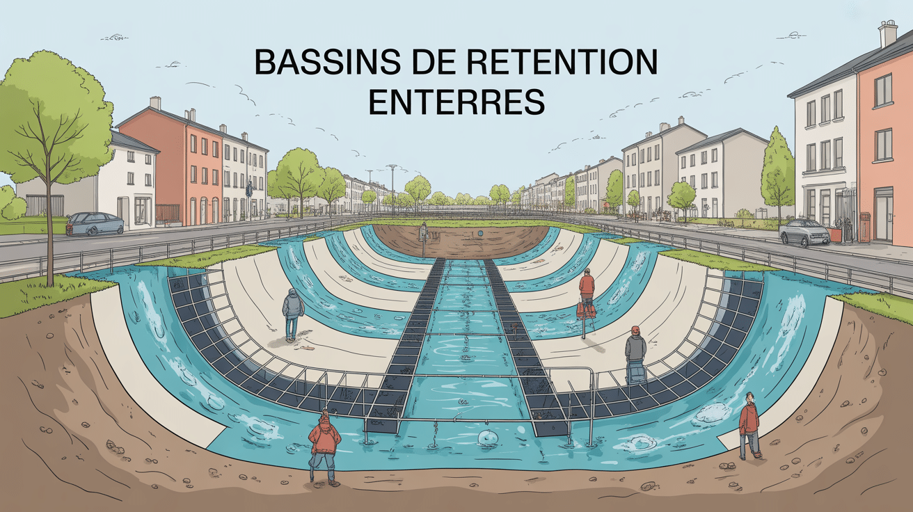 Schéma coupe bassin de rétention enterré sous zone urbaine