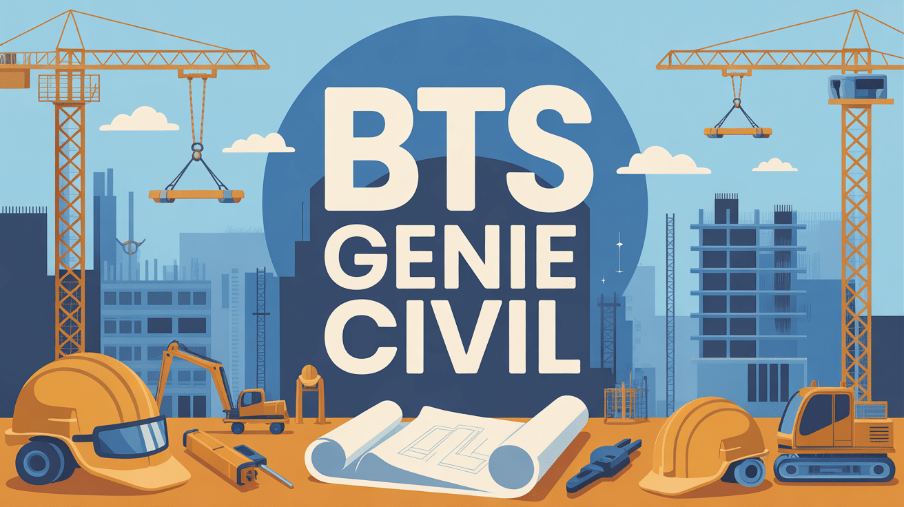 illustration bts genie civil sur chantier avec grues et plans