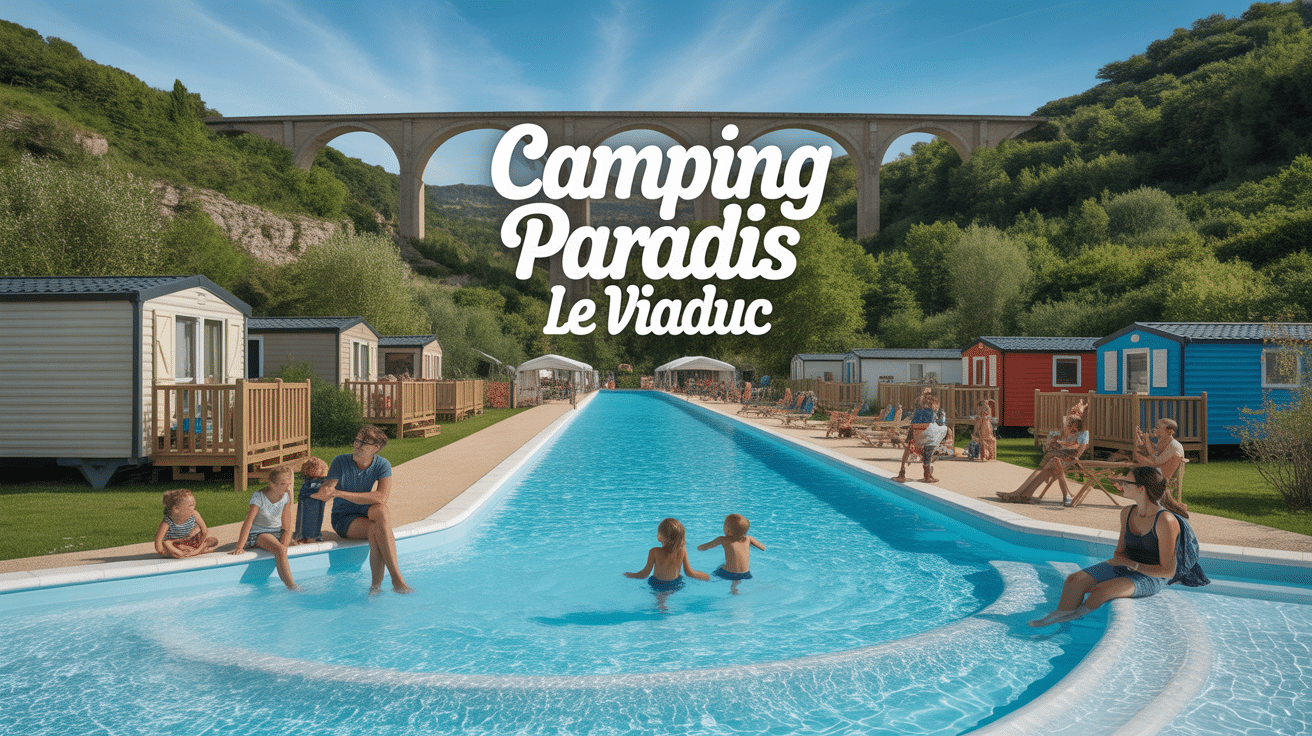 Vue camping paradis le viaduc avec piscine et viaduc