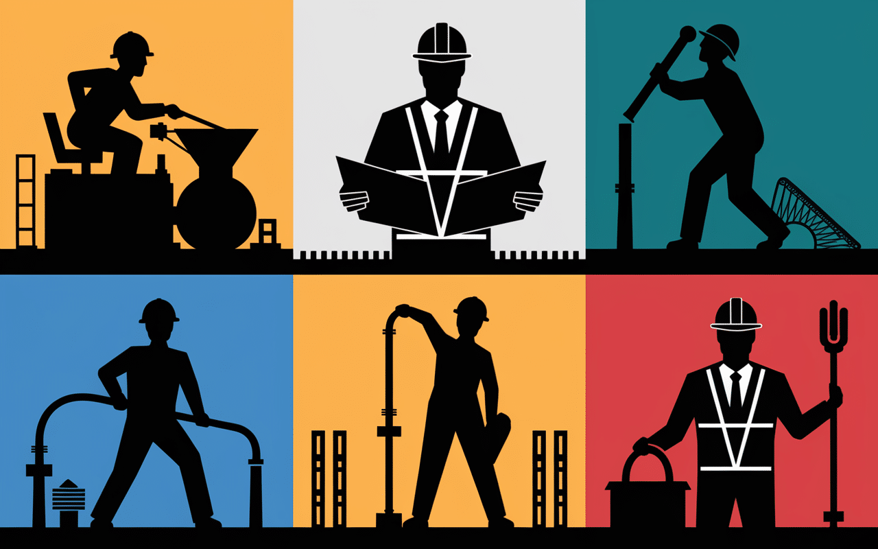 Silhouettes métiers dans les travaux publics chantier