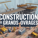 Vue chantier construction de grands ouvrages avec grues et pont