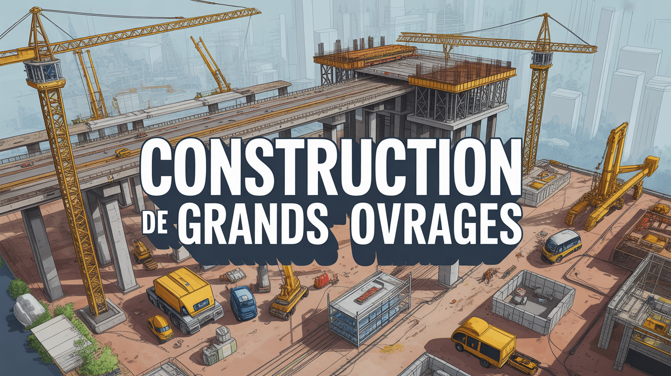 Vue chantier construction de grands ouvrages avec grues et pont