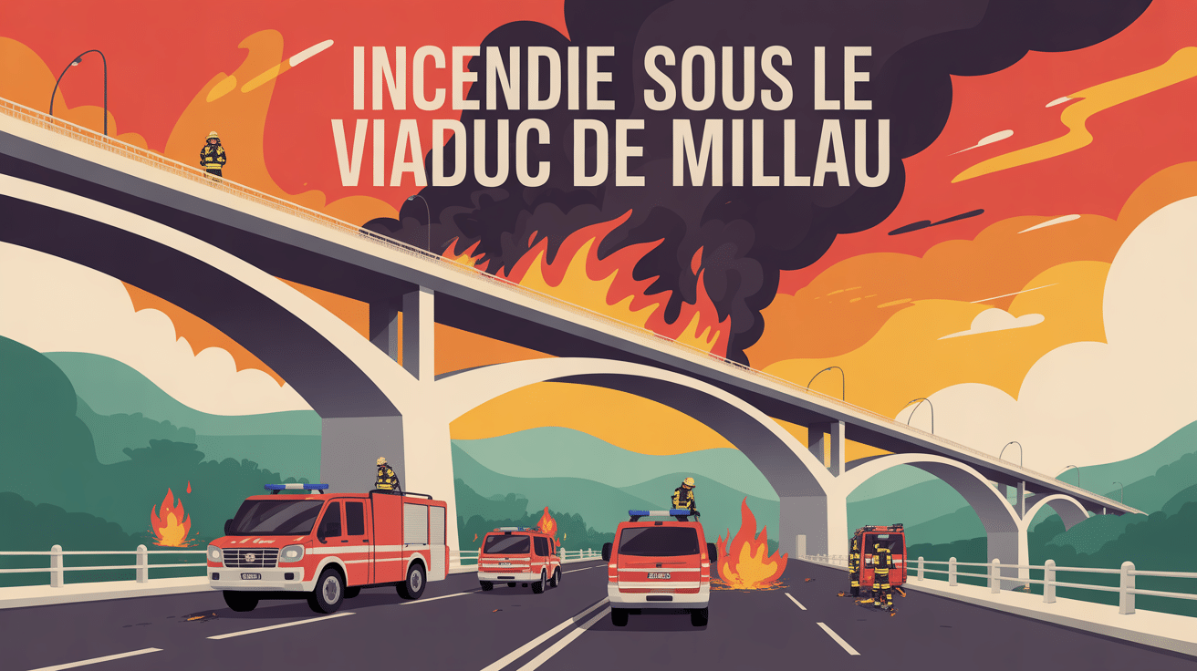 Incendie viaduc de Millau pompiers en action grandes flammes