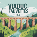Vue stylisée du viaduc des Fauvettes avec grimpeurs et sentiers