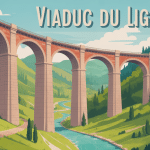 Illustration stylisée du viaduc du Lignon en pierre sur une vallée