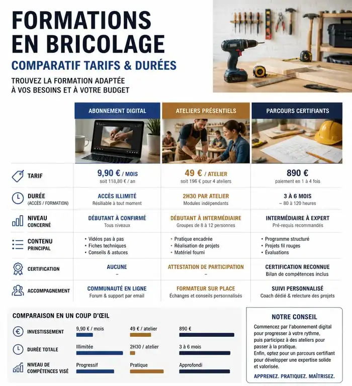 Comparatif des prix et types de formations en bricolage et travaux