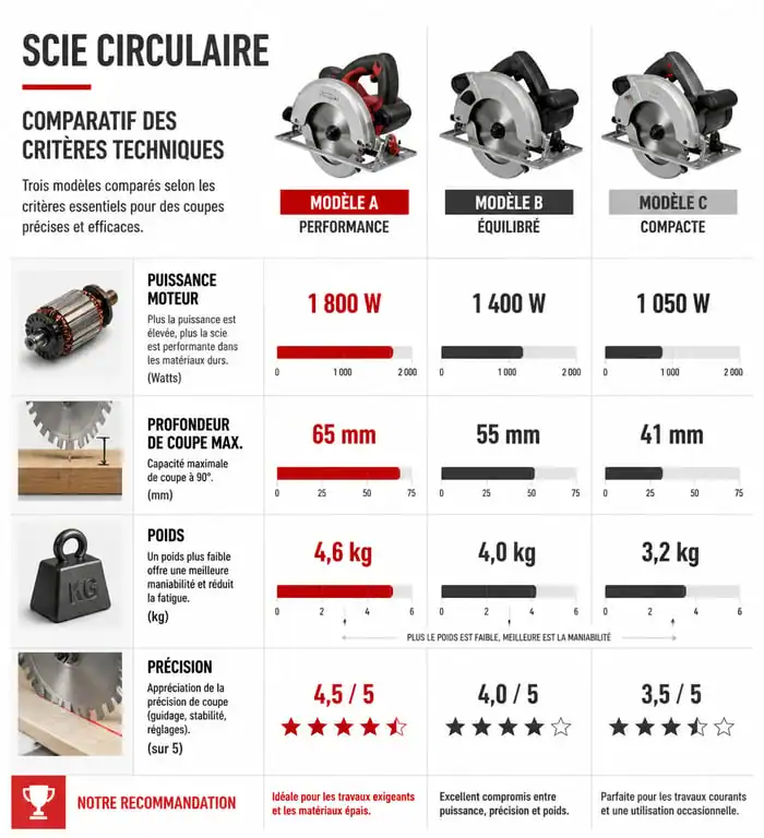 Infographie comparative des critères techniques pour choisir sa scie circulaire : puissance, profondeur de coupe et ergonomie.