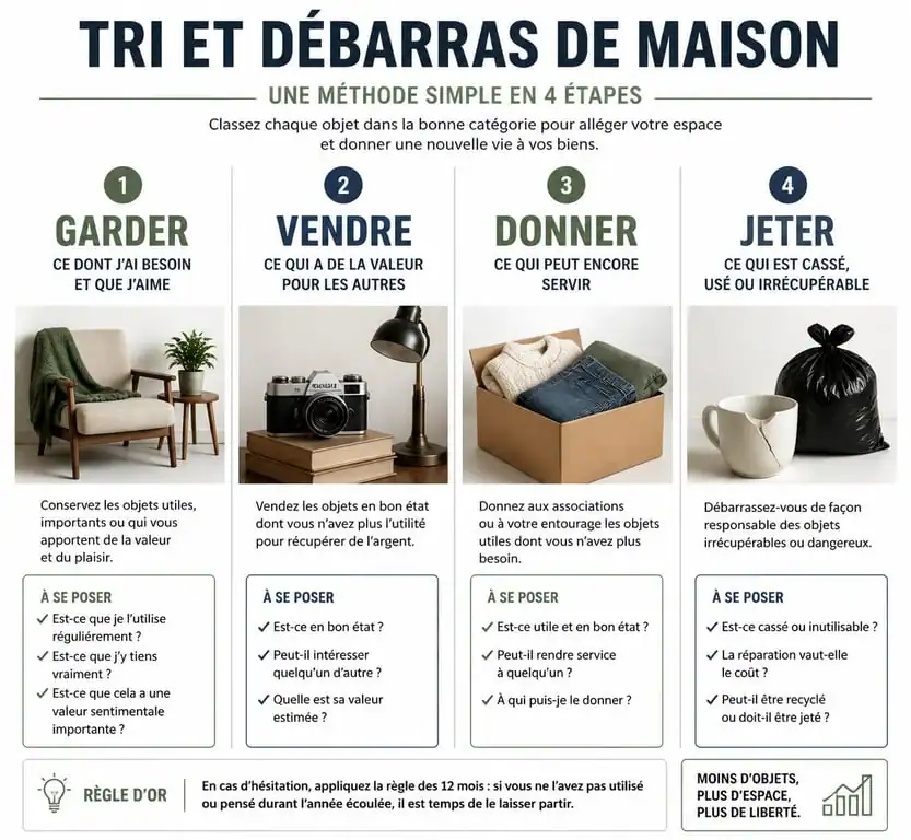 Infographie méthode de tri pour vider une maison : conserver, vendre, donner, jeter