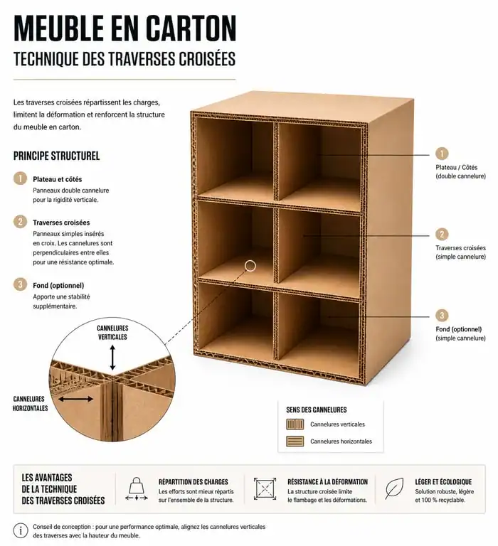 Schéma technique de fabrication de meuble en carton avec traverses croisées