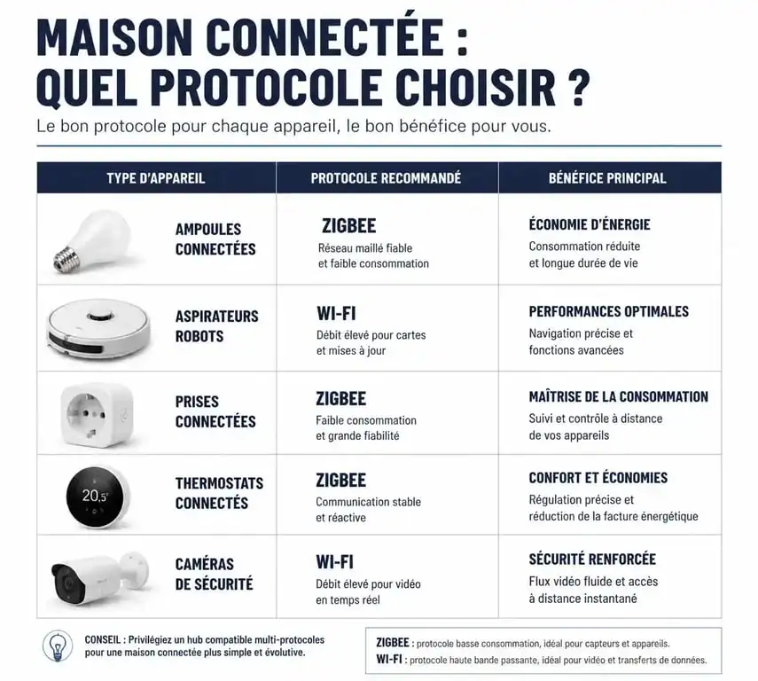 Tableau comparatif des appareils intelligents : ampoules, robots aspirateurs, prises et thermostats pour une maison connectée.