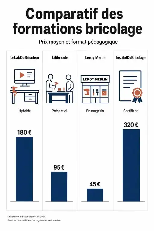Comparatif des prix et formats des formations bricolage : LeLabDuBricoleur, Lilibricole, Leroy Merlin et InstitutDuBricolage