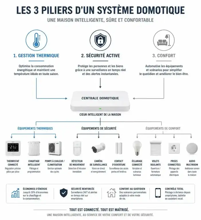 Infographie des piliers d'un système domotique pour la gestion de l'énergie et la sécurité