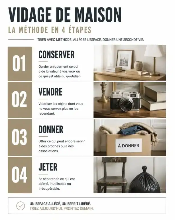 Infographie des étapes de tri pour un vidage maison efficace : conserver, vendre, donner et jeter.