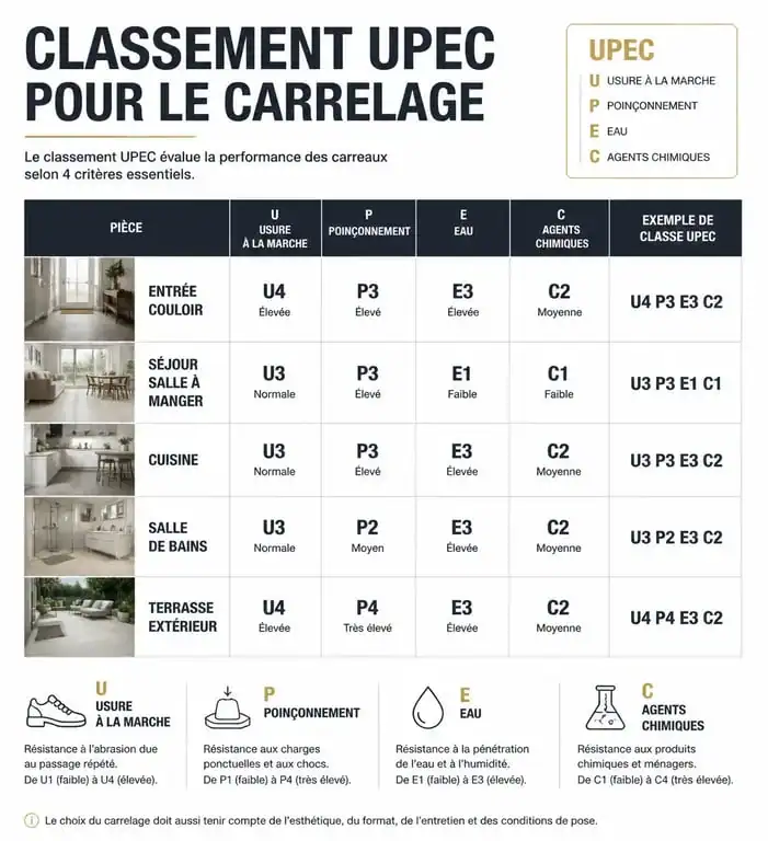 Infographie explicative du classement UPEC pour réussir sa rénovation de carrelage avec Dalais-carreleur