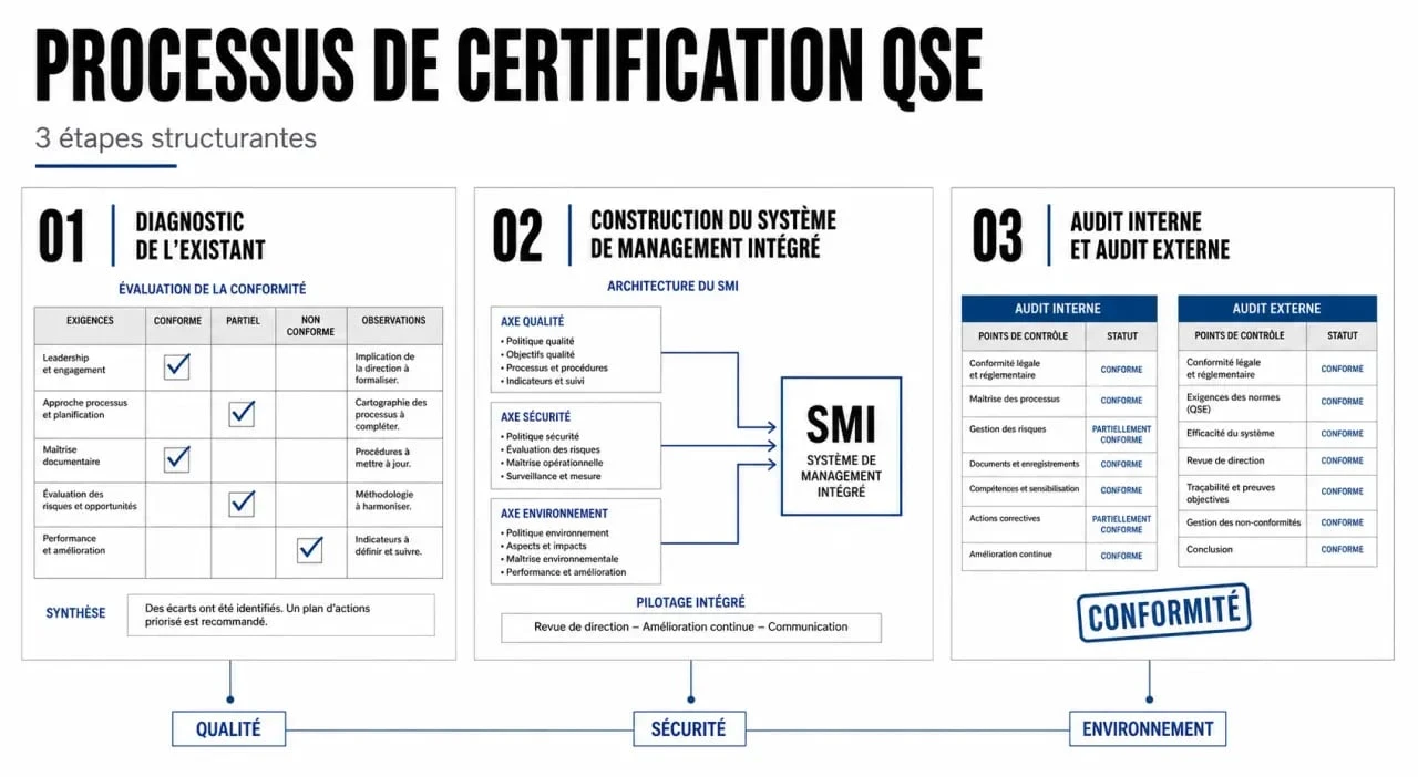Certification QSE : schéma éditorial du diagnostic, du système de management intégré et de l’audit