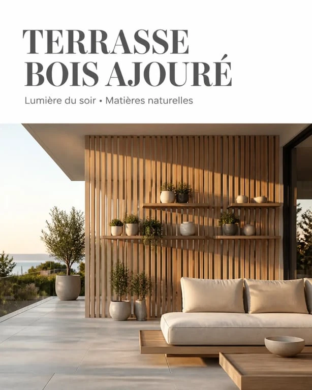 Idée pour cacher un mur exterieur avec claustra en bois, étagères et éclairage