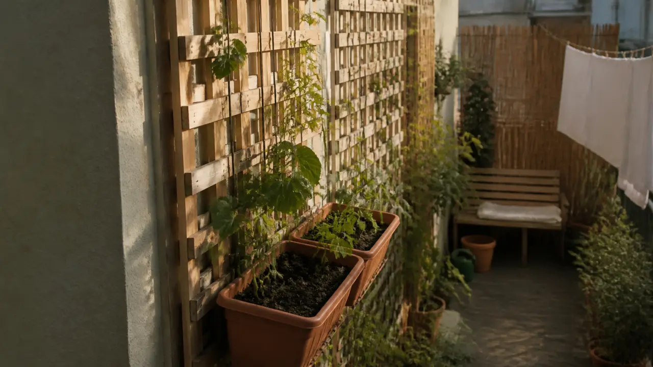 Idée pour cacher un mur exterieur : claustra en bois, treillis et plantes grimpantes