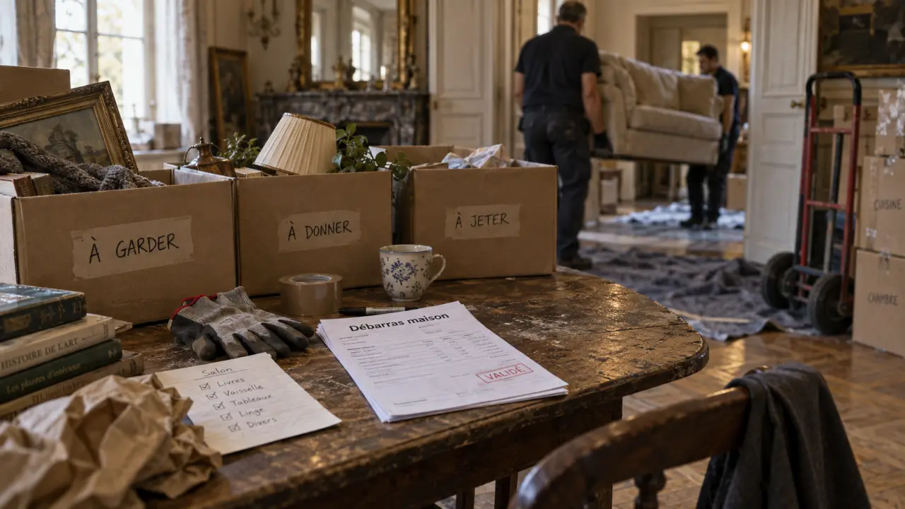 debarras maison : tri et enlèvement dans un salon, équipe et devis