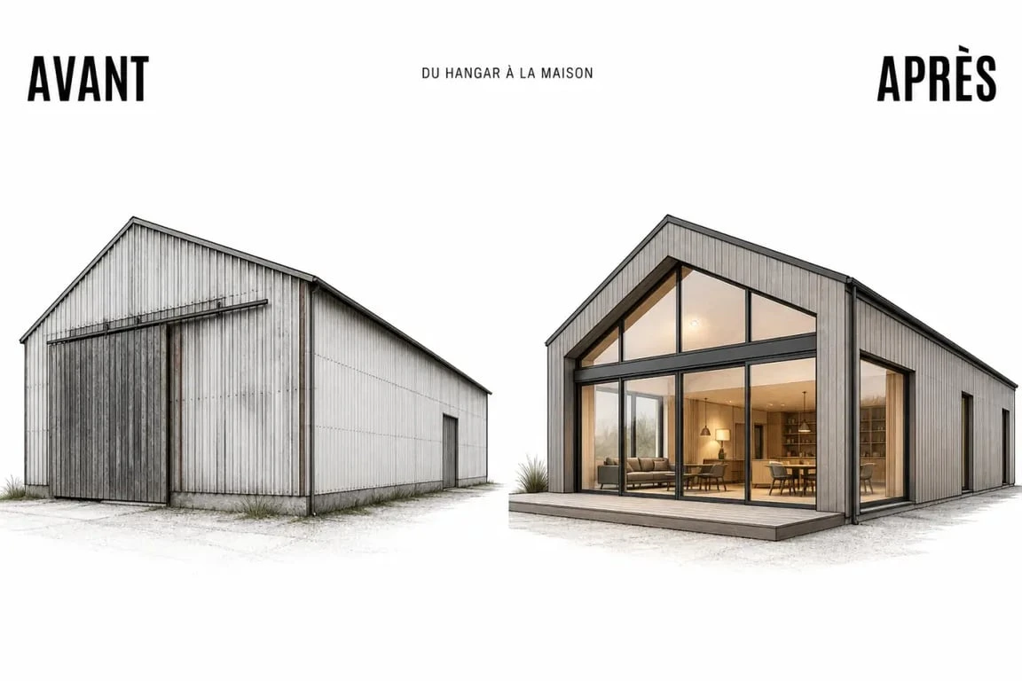 Hangar aménagé en maison en avant/après, du hangar brut à une habitation lumineuse