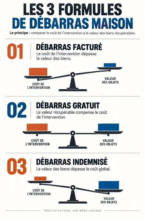 Infographie des formules de débarras maison facturé, gratuit ou indemnisé