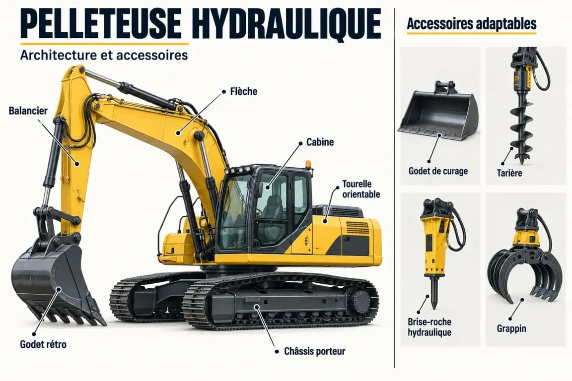 Schéma des composants et accessoires d'une pelleteuse