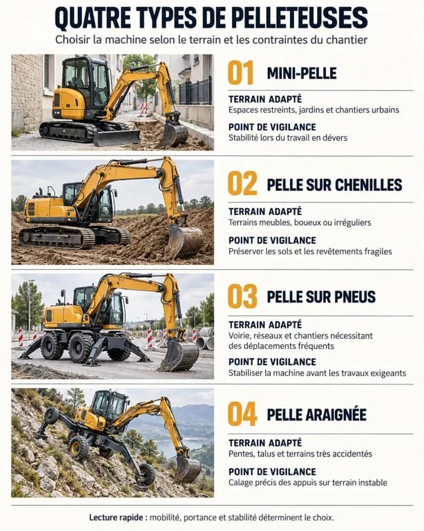 Infographie des différents types de pelleteuse selon le terrain et les usages