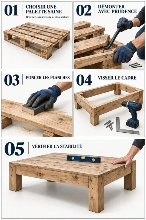 Étapes pour fabriquer un meuble palette en bois, du démontage à l'assemblage