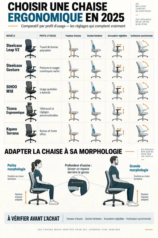 Meilleure chaise ergonomique 2025 : comparaison des réglages et profils d’usage