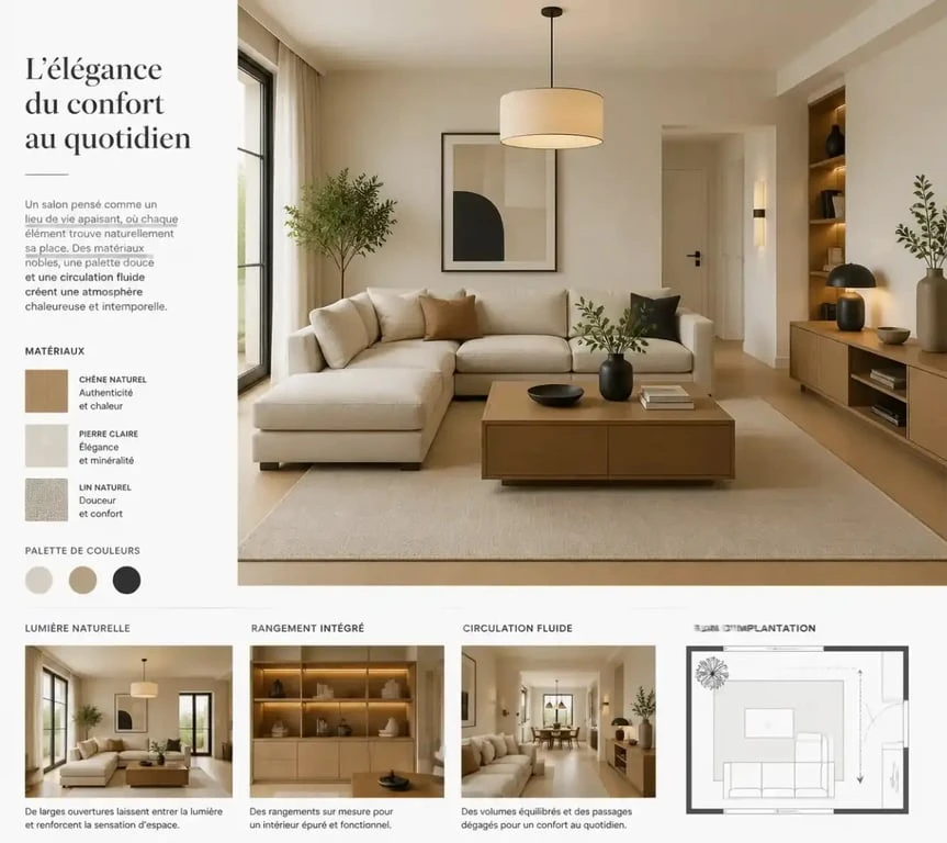 Mon aménagement maison : salon fonctionnel avec circulation dégagée et rangement intégré