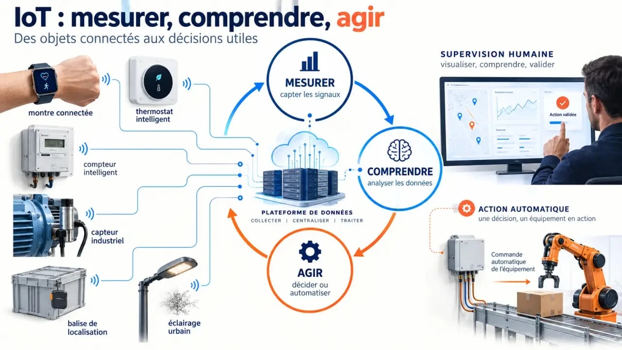 Infographie iot exemple : cycle mesurer comprendre agir et objets connectés du quotidien et de l’entreprise