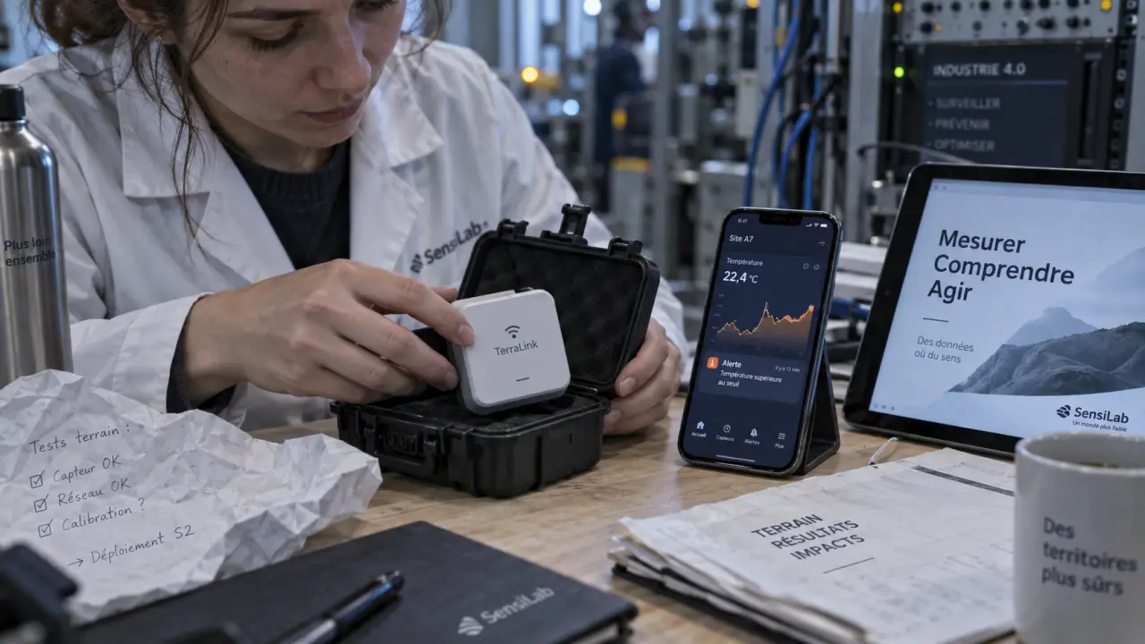 IoT exemple : boîtier capteur sur bureau, tableau de bord d’alerte