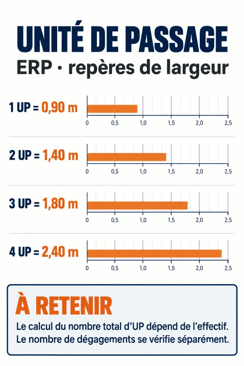 Infographie sur l’ERP unité de passage et les largeurs réglementaires de 1 à 4 UP