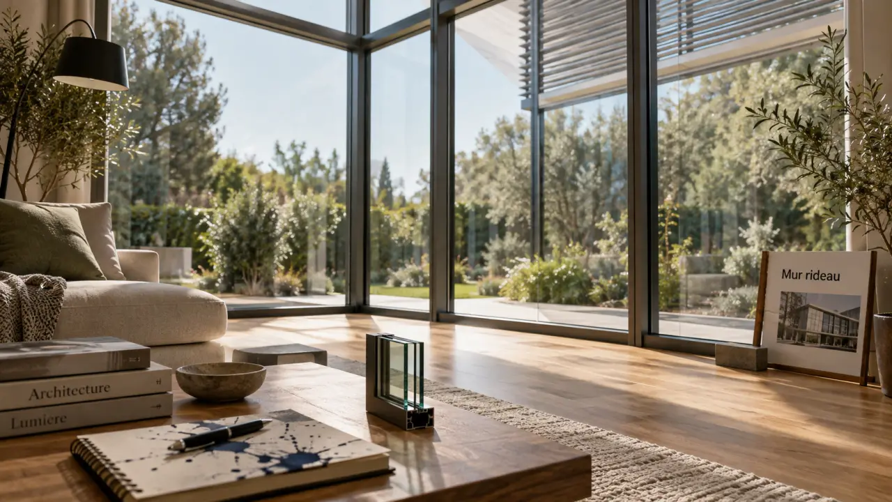 Maison mur rideau : façade aluminium et vitrages, lumière maîtrisée